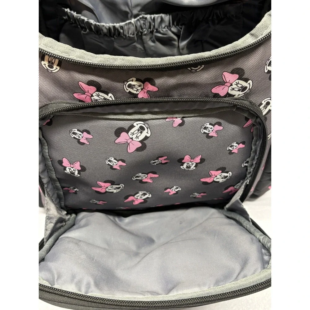 Disney Minnie Mouse Diaper Bag Backpack Gray Pink Bow Insulated Pocket Padded